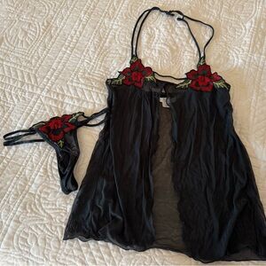 Victoria’s Secret Black Lingerie Set with Red Floral Embroidery